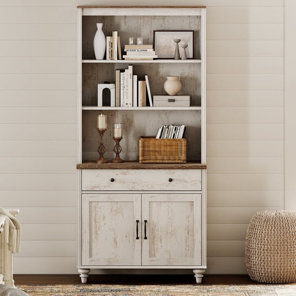 WAMPAT Farmhouse Wooden Bookshelf (72" Tall, 5 Tier), Large Display Bookcase with Doors, Drawer & Storage Cabinet, Library Shelves for Living Room, Kitchen, Rustic White