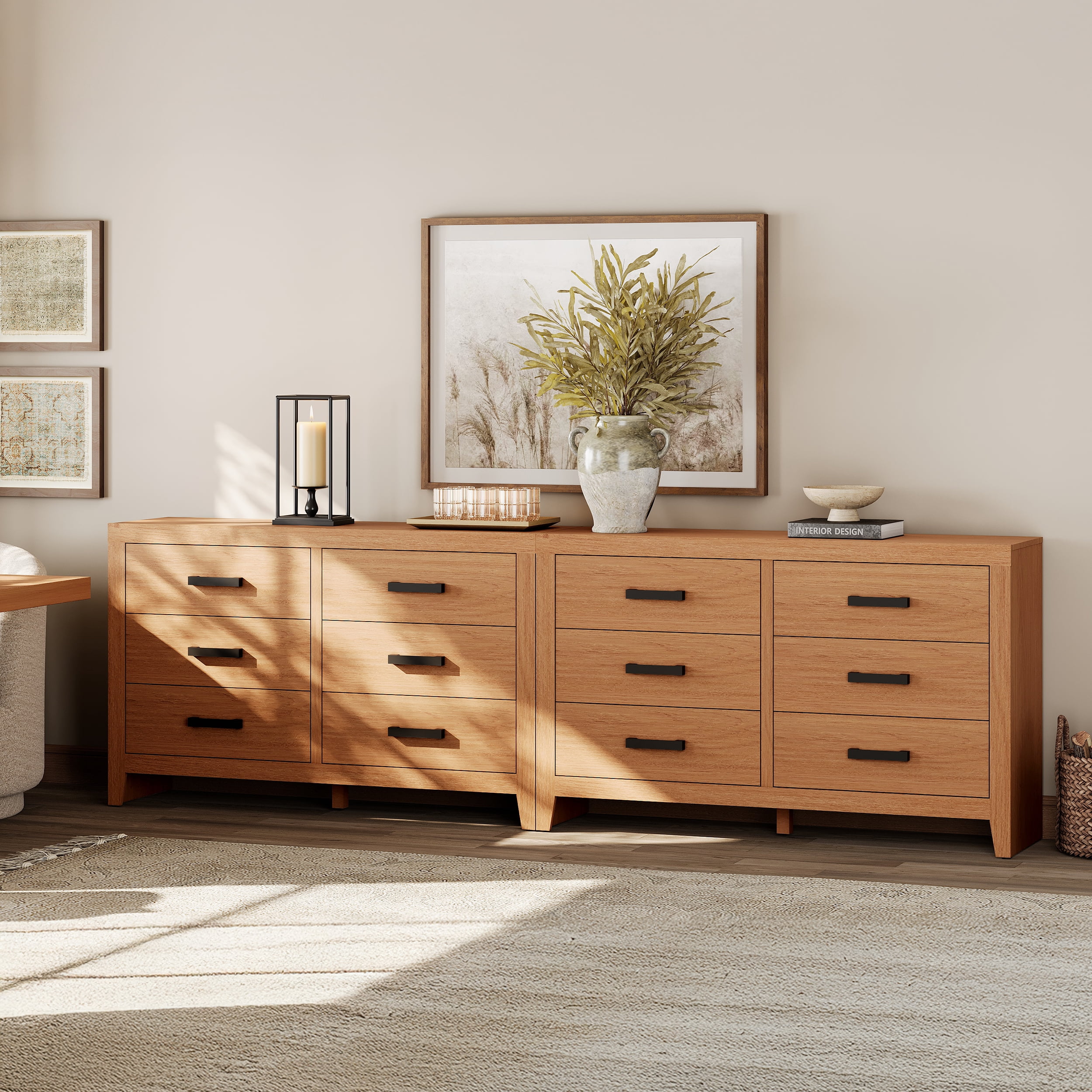 WAMPAT Farmhouse Wooden Sideboard with 12 Drawers, 106 Inch Wide Rustic Storage Sideboard Cabinet, Multi-Functional Buffet Cabinet for Living Room, Dinning Room, Beige