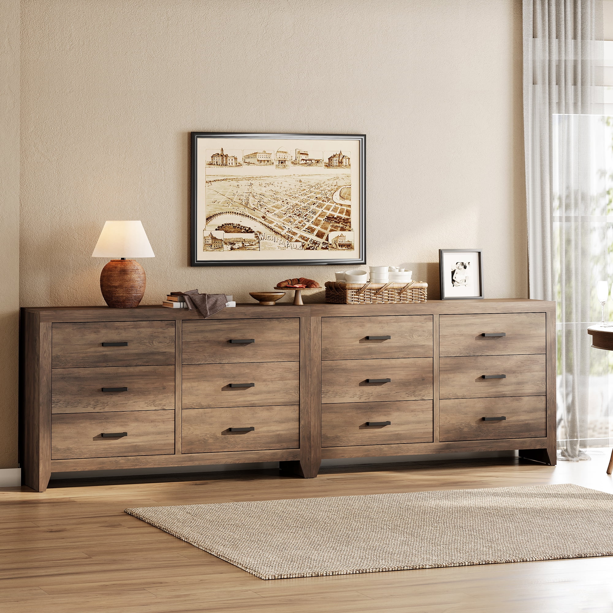 WAMPAT Farmhouse Wooden Sideboard with 12 Drawers, 106 Inch Wide Rustic Storage Sideboard Cabinet, Multi-Functional Buffet Cabinet for Living Room, Dinning Room, Brown