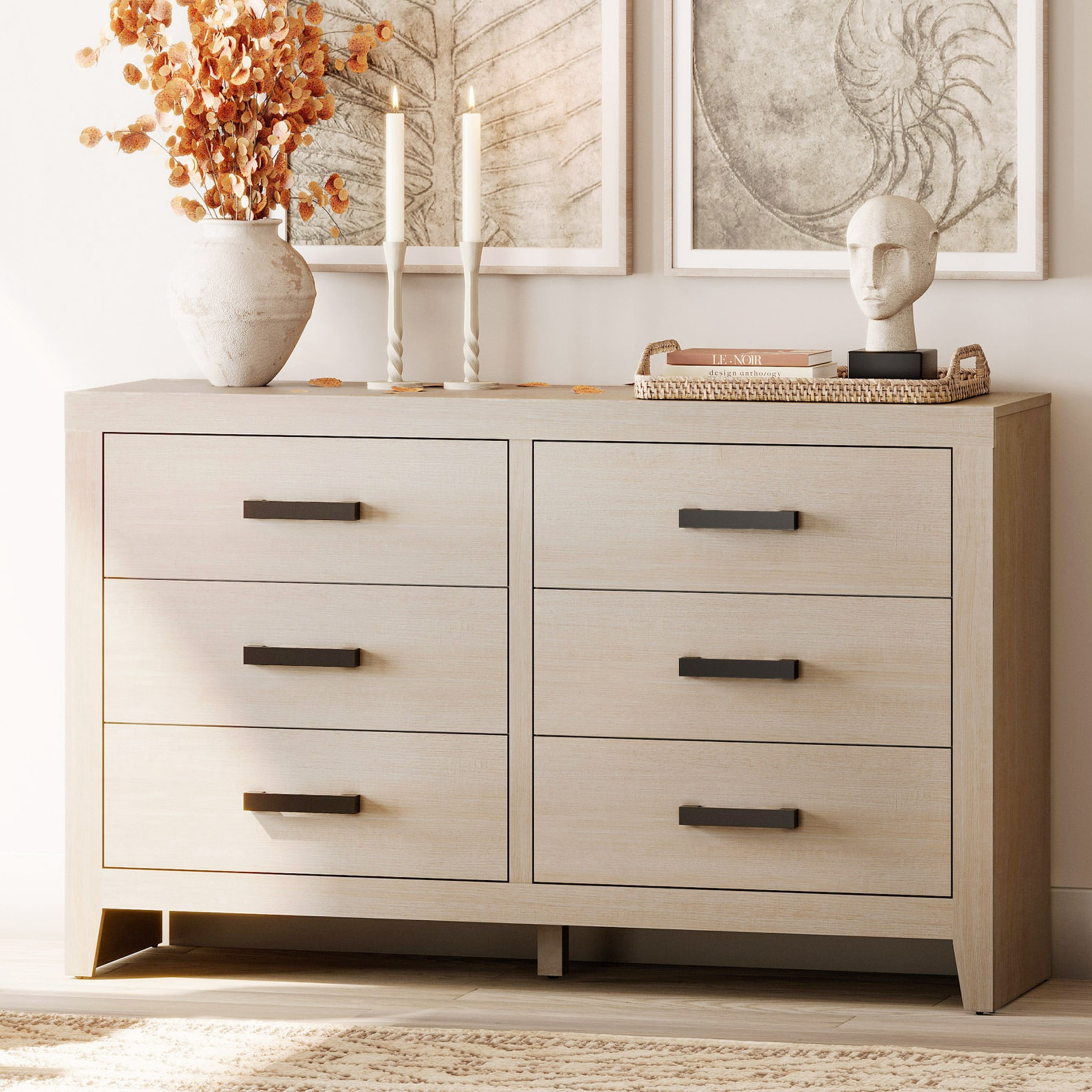 WAMPAT Farmhouse Wooden Sideboard with 6 Drawers, 53 Inch Wide Rustic Storage Sideboard Cabinet, Multi-Functional Buffet Cabinet for Living Room, Dinning Room, Beige