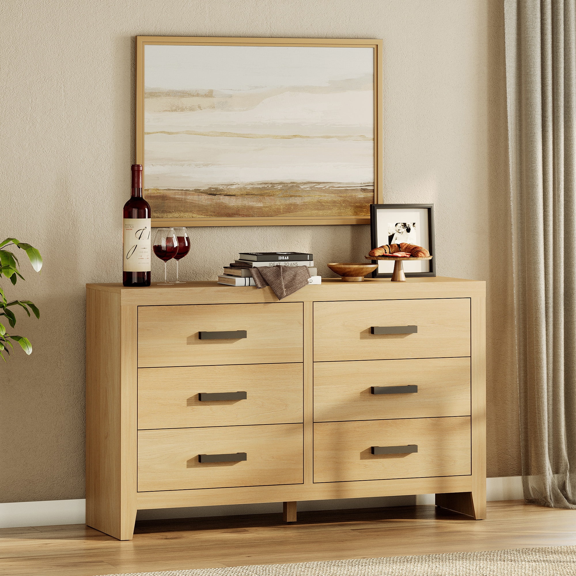 WAMPAT Farmhouse Wooden Sideboard with 6 Drawers, 53 Inch Wide Rustic Storage Sideboard Cabinet, Multi-Functional Buffet Cabinet for Living Room, Dinning Room, Oak