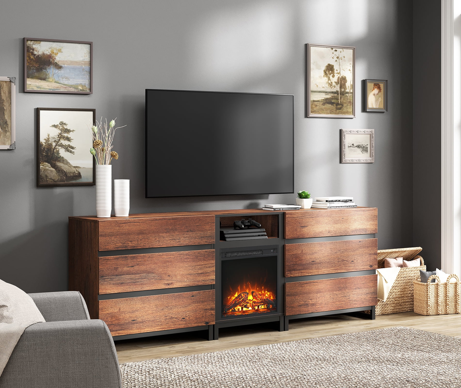 WAMPAT Fireplace TV Stand for TVs up to 90 inch 3 in 1 Modern Entertainment Center with LED Lights 6 Storage Drawers TV Console for Living