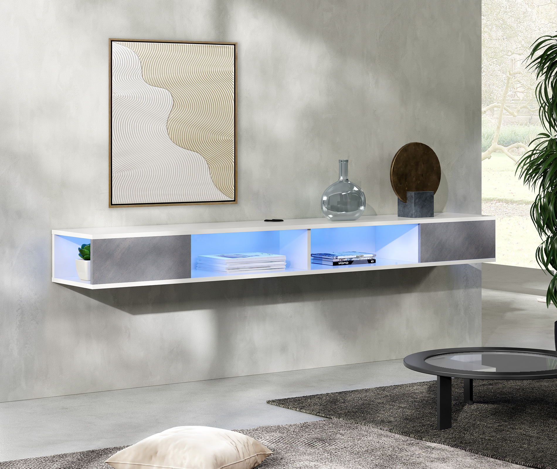WAMPAT Floating 70 inch TV Stand with LED Lights, Entertainment Center Media Console, Wall Mounted Shelf Media Console Cabinet for Storage for 65/70/75 Inch TVs, White&Grey