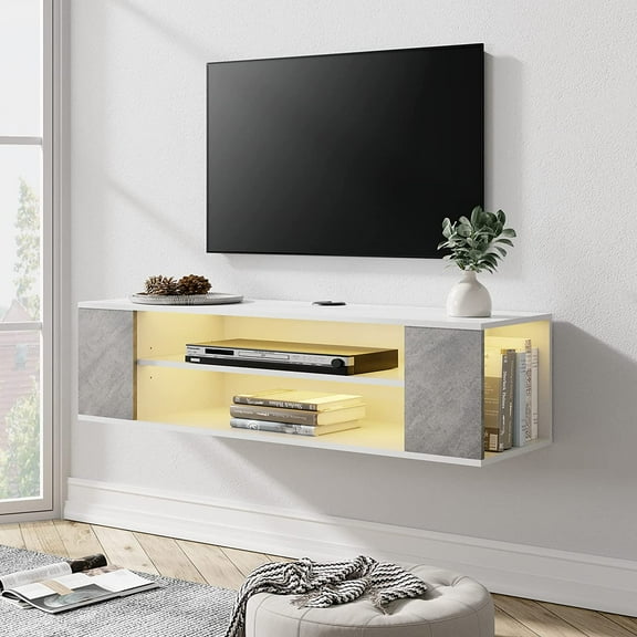 WAMPAT Floating TV Stand Wall Mounted Shelf with Yellow Light, Entertainment Center Floating TV Cabinet Media Console Wood Storage Hutch Under TV for Living Room,Grey White,39 Inch