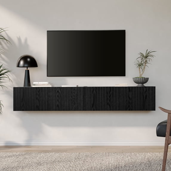 WAMPAT Floating TV Stand for 80" TVs, Wall Mounted TV Shelf with 3 Fluted Flip-Down Doors, Floating Shelf for Living Room, Bedroom, 70 inch, Black
