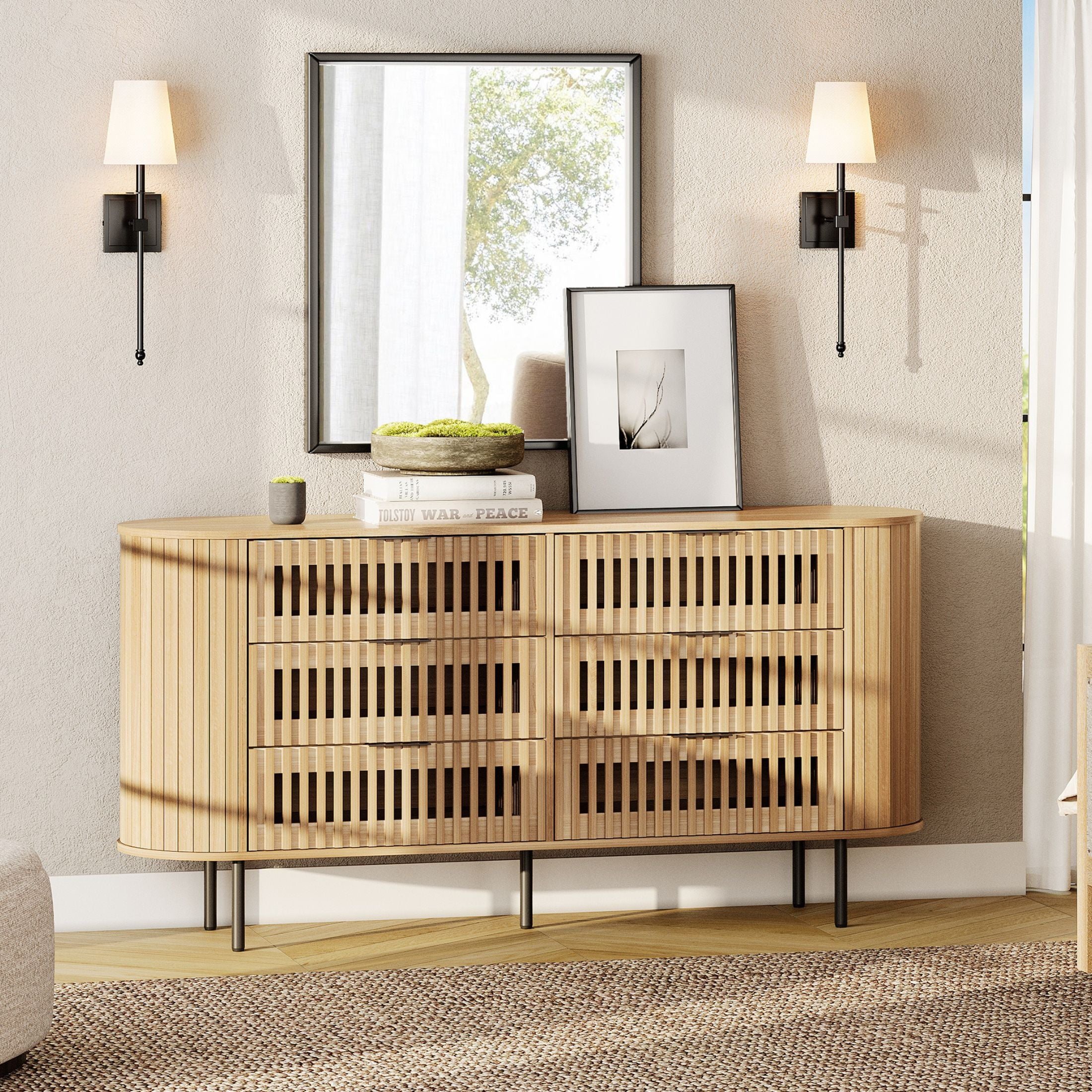 WAMPAT Fluted 6 Drawer Double Dresser, Modern Storage Cabinet, Wood Chest of Drawers for Living Room, Bedroom, Oak