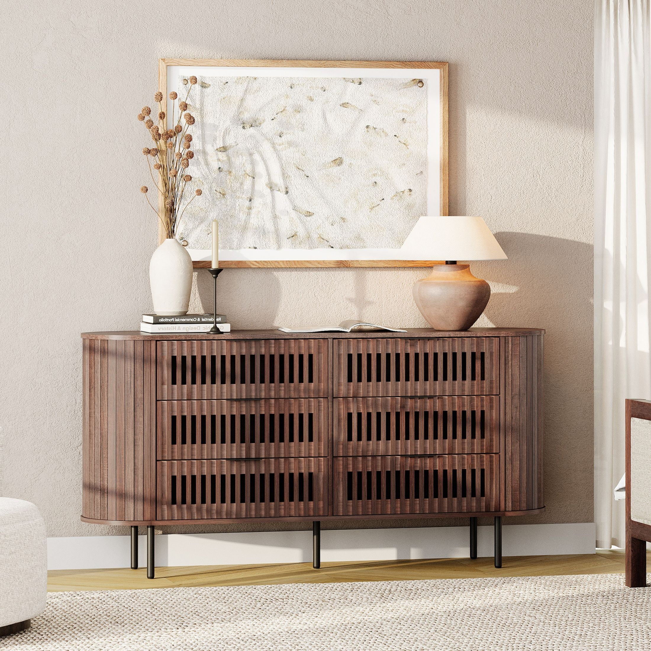 WAMPAT Fluted 6 Drawer Double Dresser, Modern Storage Cabinet, Wood Chest of Drawers for Living Room, Bedroom, Walnut