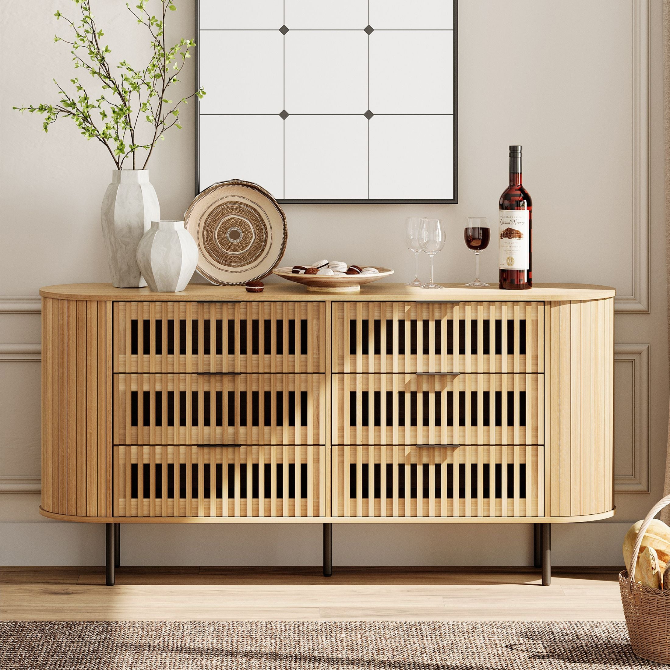 WAMPAT Fluted 6 Drawers Dresser, Wooden Chests of Drawers for Bedroom, Living Room, Entryway, Oak