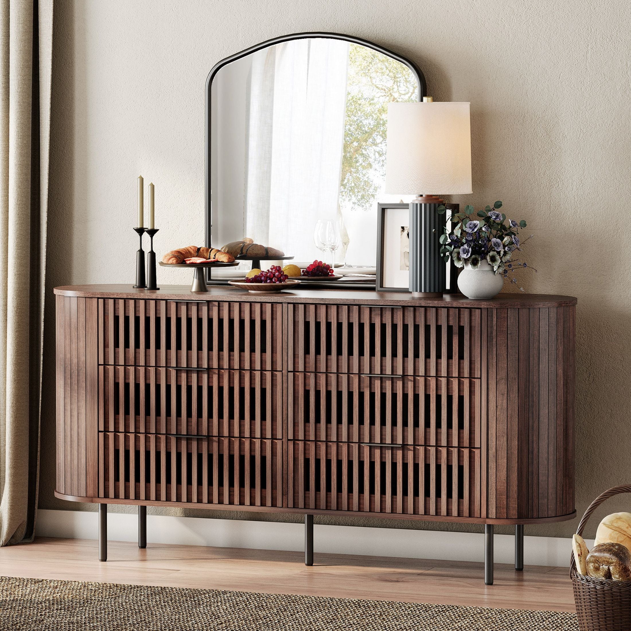 WAMPAT Fluted 6 Drawers Dresser, Wooden Chests of Drawers for Bedroom, Living Room, Entryway, Walnut