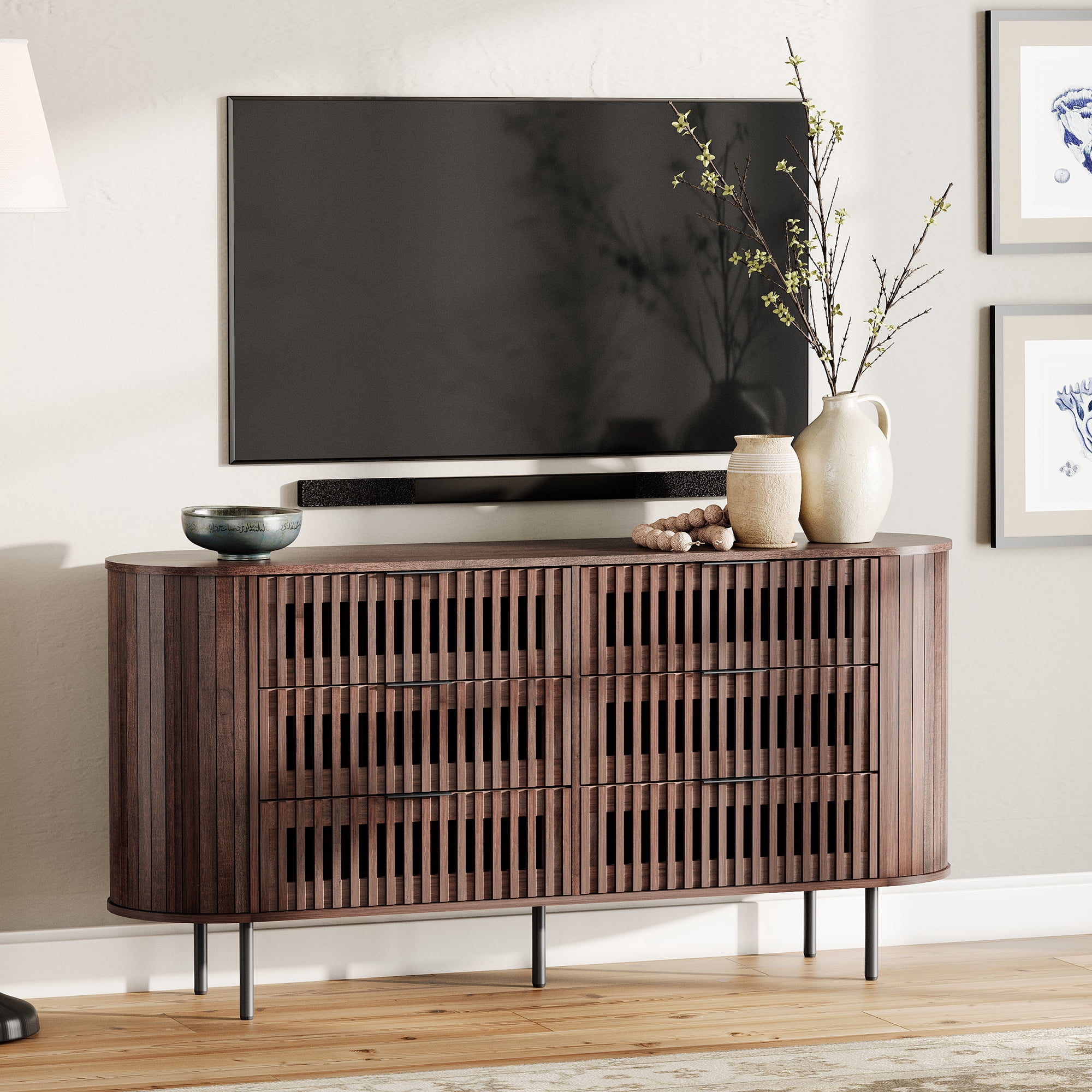 WAMPAT Fluted Dresser TV Stand for 70 Inch TV, Mid Century Modern Entertainment Center with 6 Drawers, Walnut