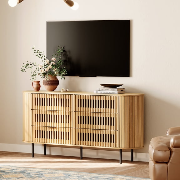 WAMPAT Fluted Dresser TV Stand for 70 Inch TV, Mid Century Modern Entertainment Center with Drawers, Oak