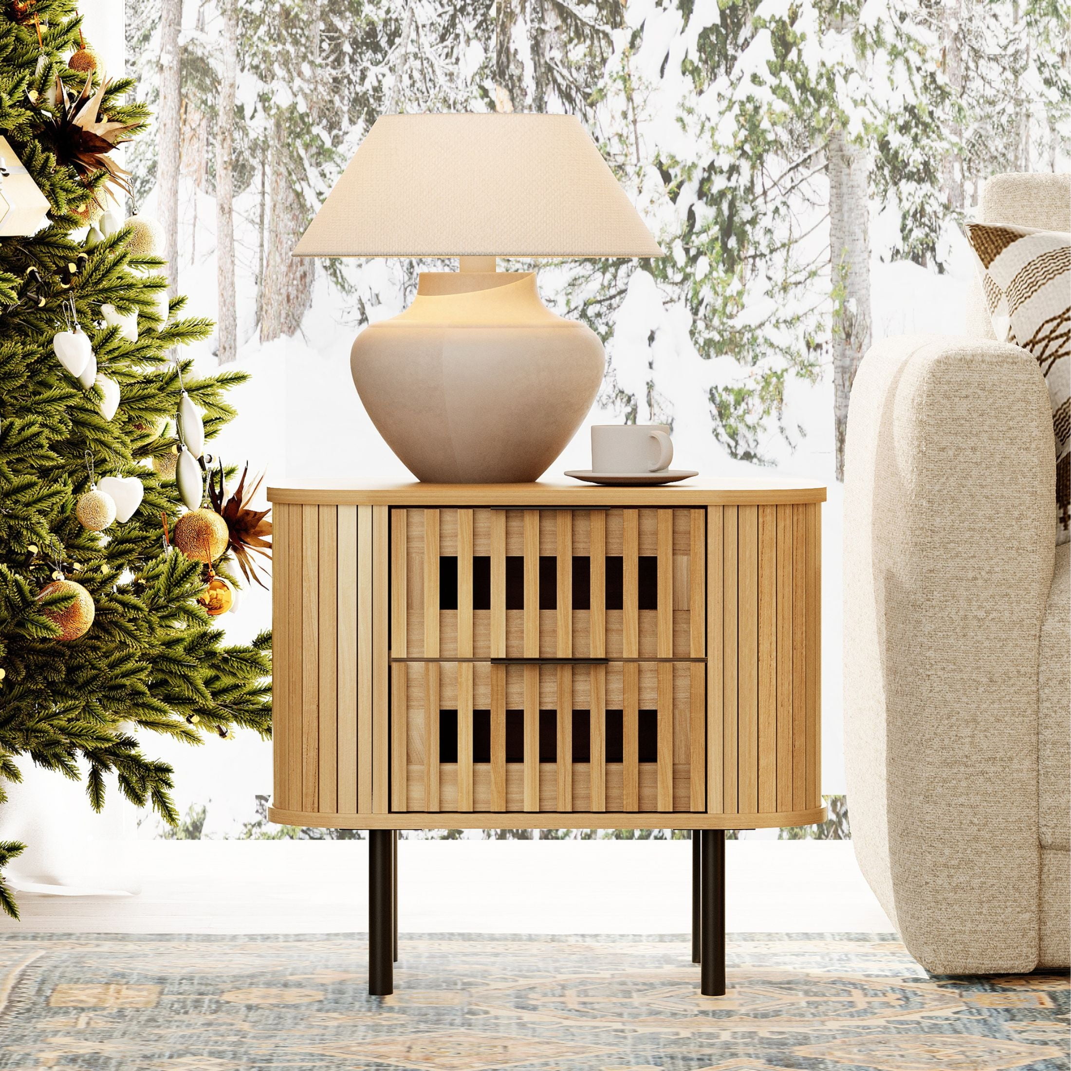 WAMPAT Fluted Nightstand for Bedroom, Small Side Table with 2 Drawers for Living Room, Oak