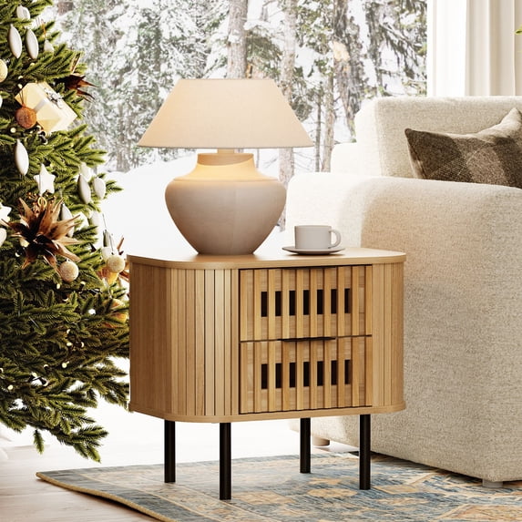 WAMPAT Fluted Nightstand with 2 Drawers, Side Table for Living Room, Modern Storage Bedside Table for Bedroom, Living Room, Oak