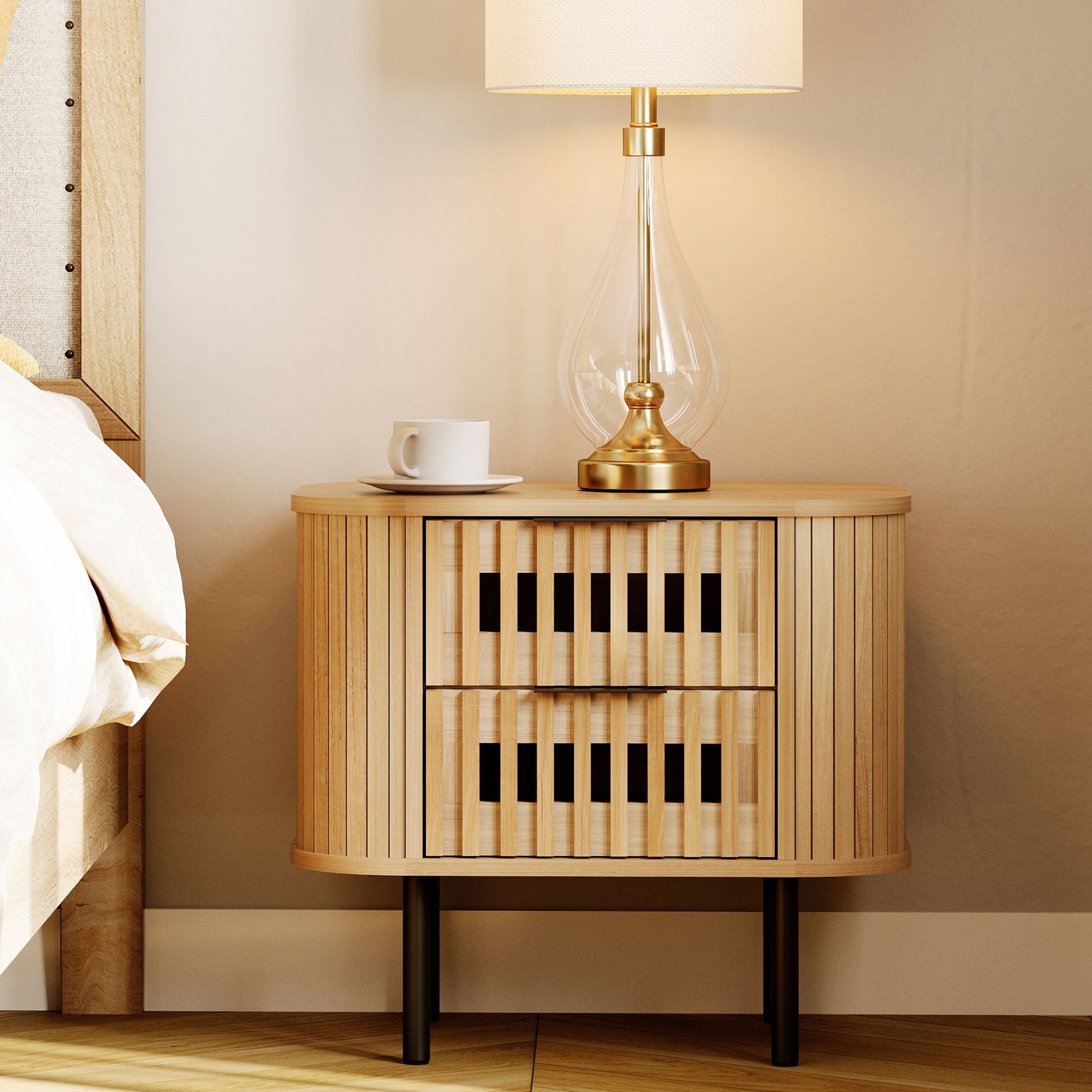 Lulive Nightstand Set Of 2 With Charging Station - Fluted Modern Bedside Tables With Drawer & Shelf, Natural Oak