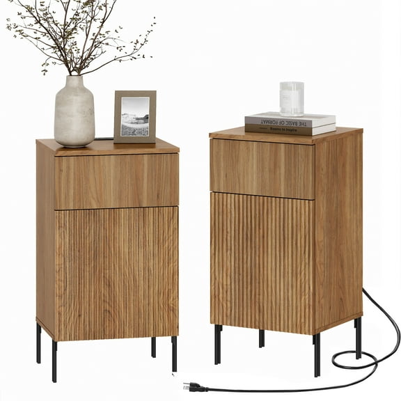 WAMPAT Fluted Nightstands Set of 2, 30.2" Tall Wooden Night Stand with Charging Station, Modern Mid Century End Table with 2 Drawers and Hidden Handle, Bedside Table for Living Room, Bedroom, Brown