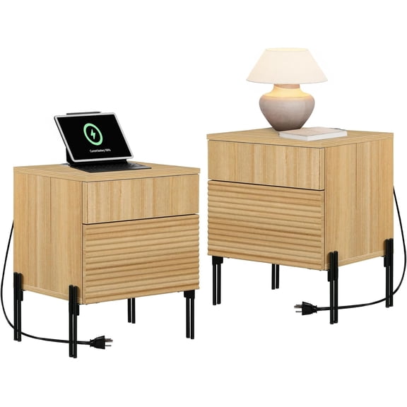 WAMPAT Fluted Nightstands Set of 2 with Charging Station, Mid-Century Modern Bedside Table with USB & AC Ports, Wood Side Table with 2 Drawers, End Table for Bedroom, Living Room
