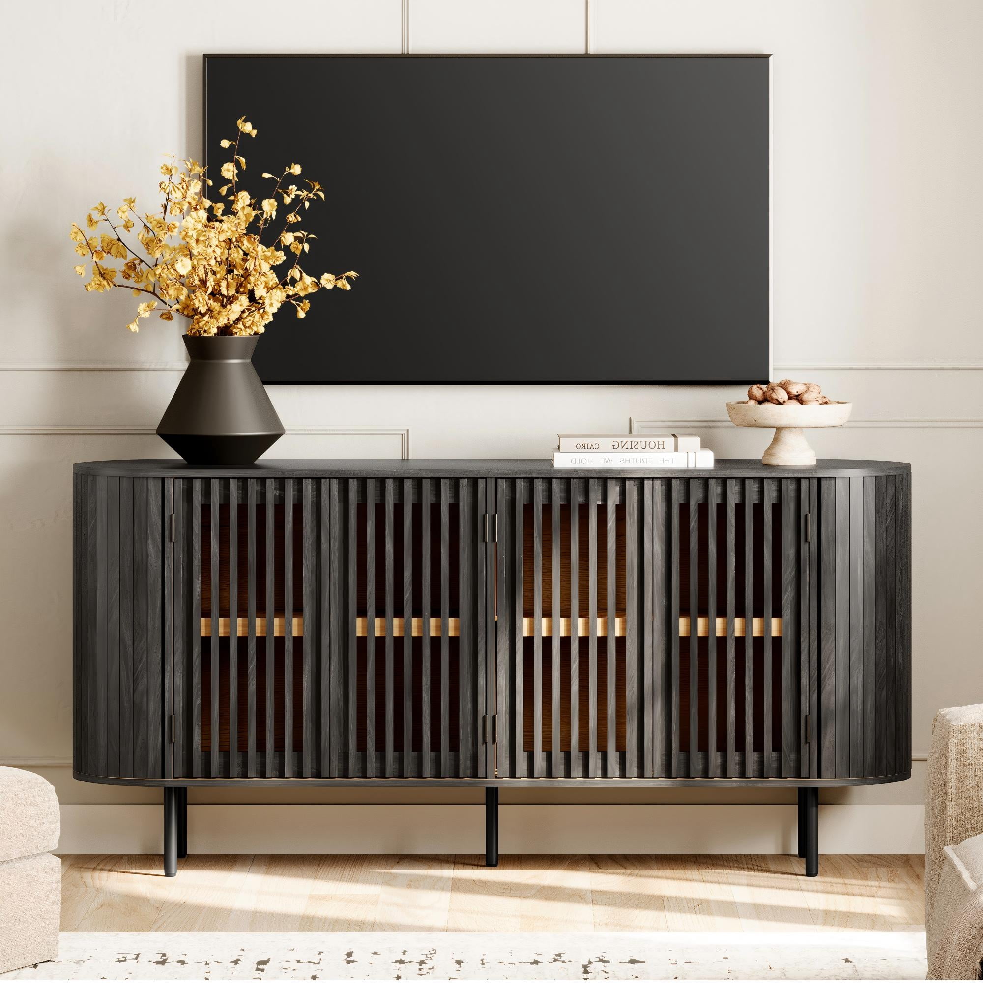 WAMPAT Fluted TV Stand for 75 Inch TV, Modern Entertainment Center with Storage, Wooden Media Console with Pop-up Doors for Livingroom, Bedroom, Black