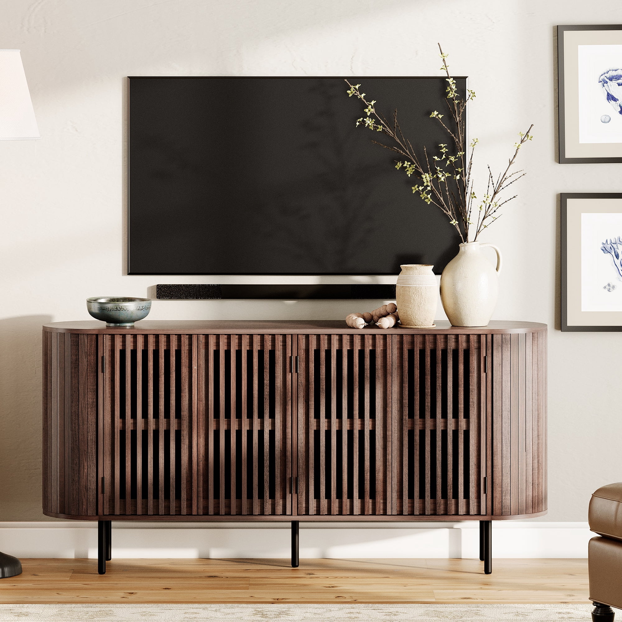 WAMPAT Fluted TV Stand for 75 Inch TV, Modern Entertainment Center with Storage, Wooden Media Console with Pop-up Doors for Livingroom, Bedroom, Walnut