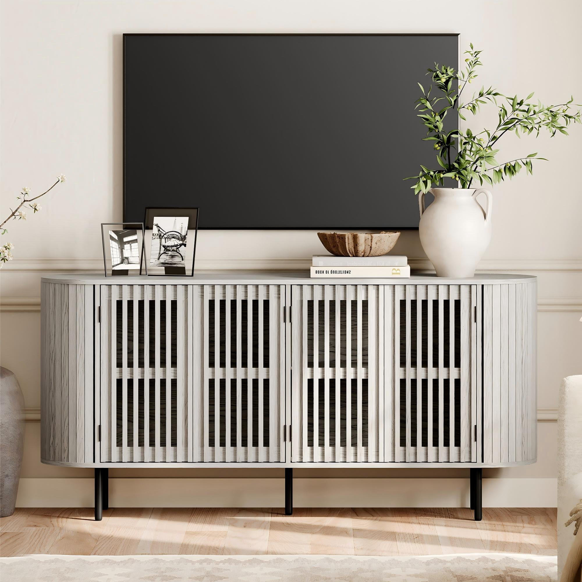 WAMPAT Fluted TV Stand for 75 Inch TV, Modern Entertainment Center with Storage, Wooden Media Console with Pop-up Doors for Livingroom, Bedroom, White Washed