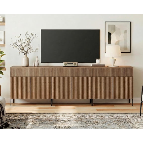 WAMPAT Fluted TV Stand TVs up to 100 inch, 94.5" W Modern TV Entertainment Center with Storage Cabinets and 3 Drawers & 6 Doors, Wood Media TV Console Table with Storage for Living Room