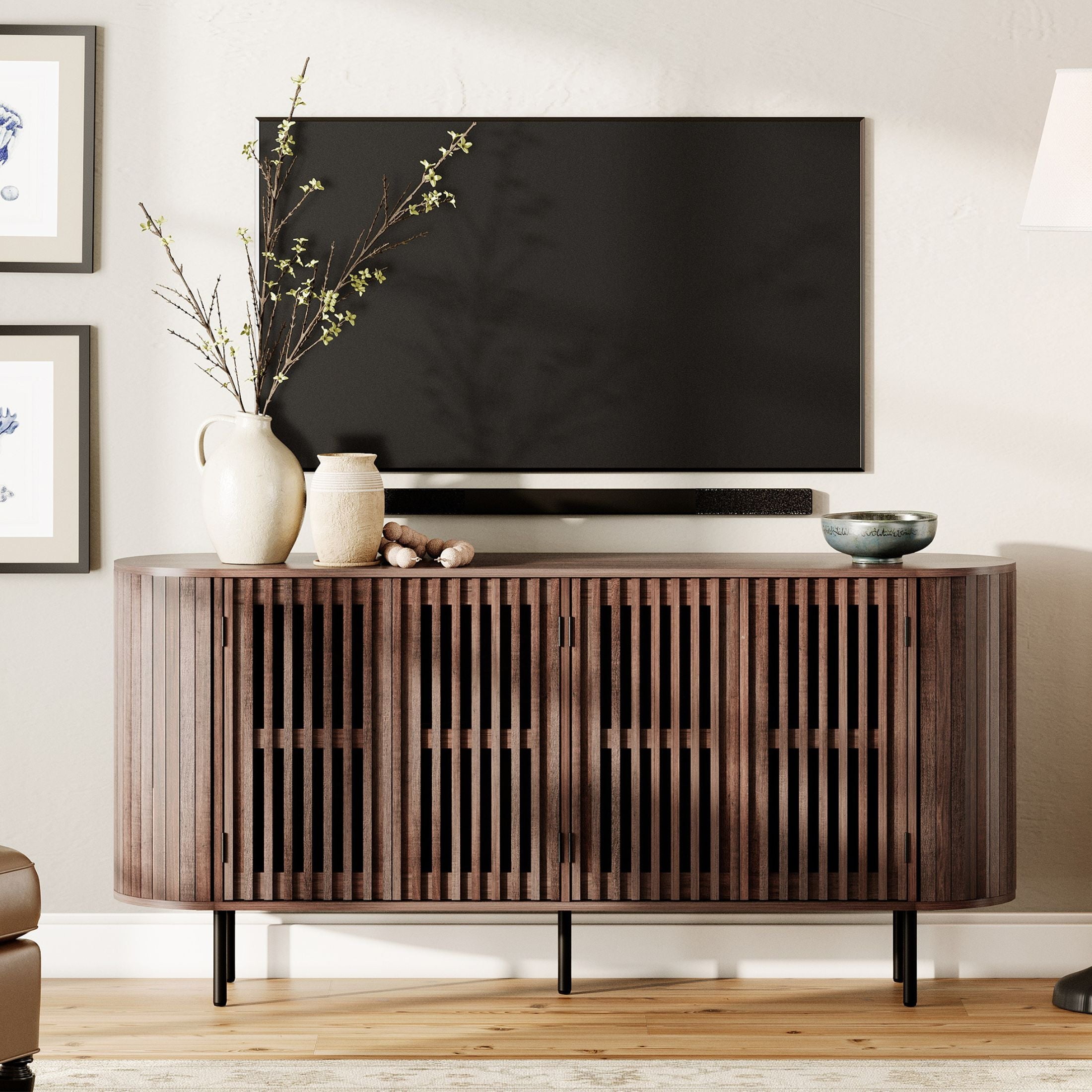 WAMPAT Fluted TV Stand for TVs up to 70", Mid-Century Modern TV Entertainment Center with 4 Compartments for Living Room Bedroom, Walnut