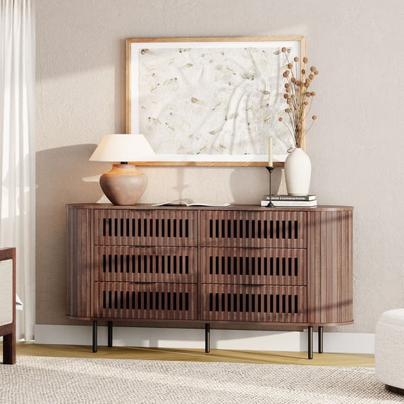 WAMPAT Fluted Tall 6 Drawer Dresser, Modern Wood Chest of Drawers for Bedroom, Living Room, Walnut