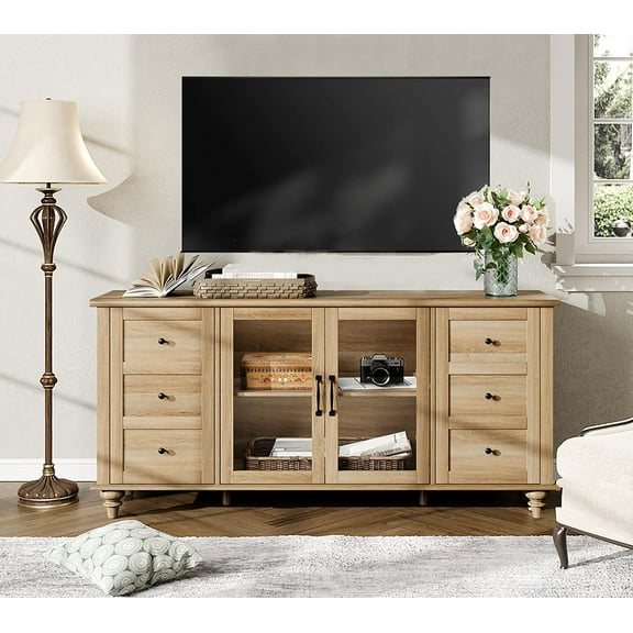 Glass Door Farmhouse TV Stand for TVs Up to 75 inch, Wood Universal TV Console Table with 4 Storage Cabinets, Entertainment Center for 32-75 inch TV, 58'',Oak