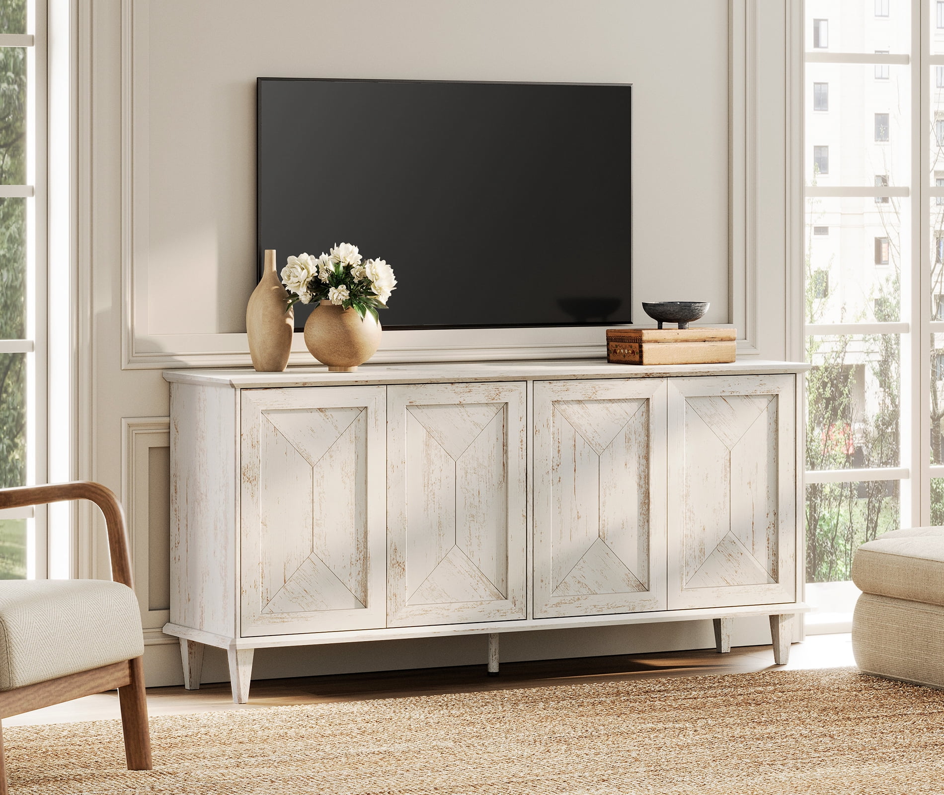 WAMPAT Handcrafted Patchwork Console Table for 55-75 inch TVs,65-inch Modern Farmhouse TV Stand Entertainment Center with Cable Management & Adjustable Storage Shelves, Pale Oak