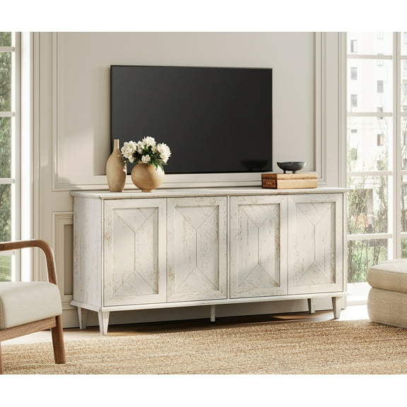 WAMPAT Handcrafted Patchwork Console Table for 55-75 inch TVs,65-inch Modern Farmhouse TV Stand Entertainment Center with Cable Management & Adjustable Storage Shelves, Pale Oak