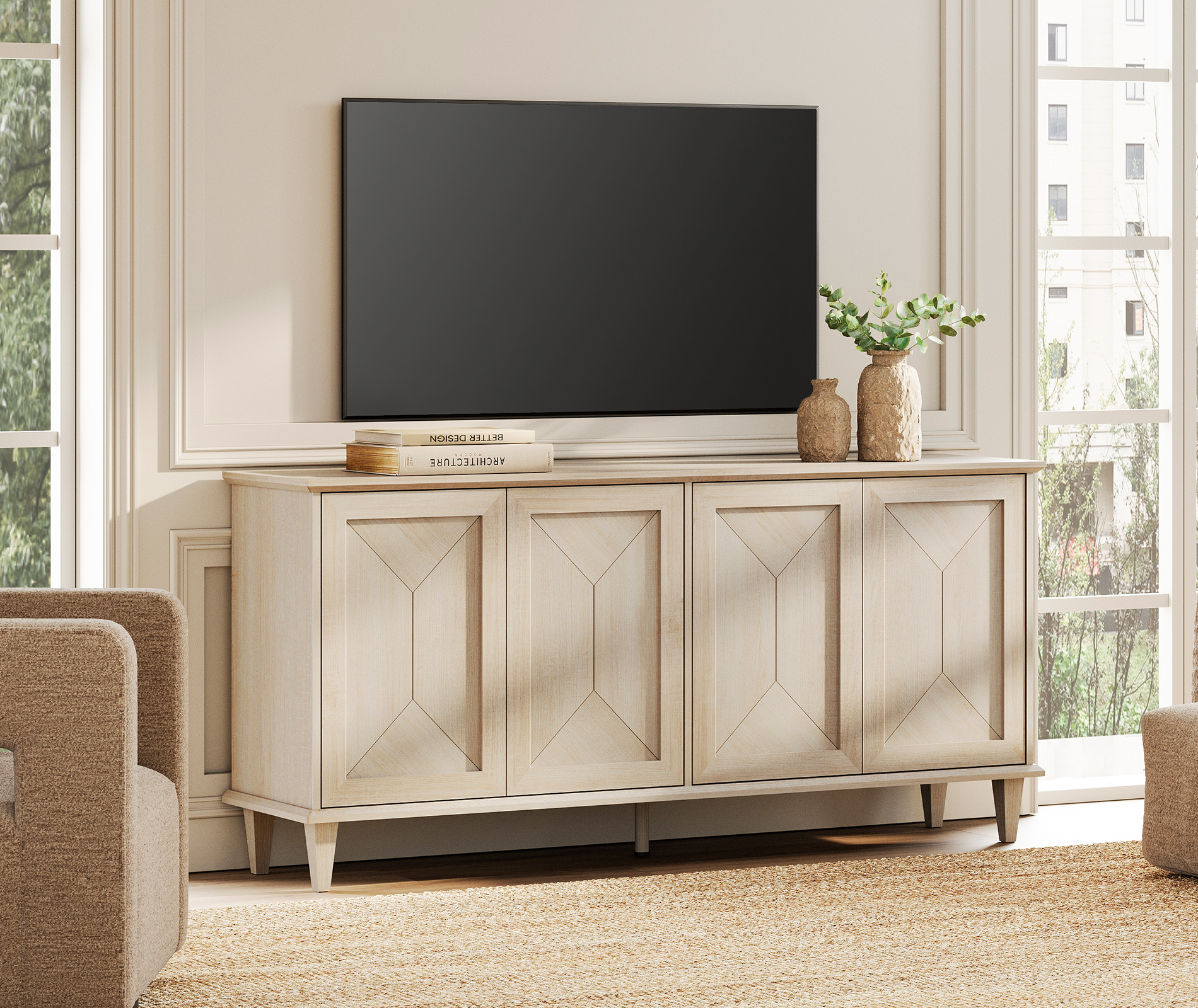 WAMPAT Handcrafted Patchwork Console Table for 55-75 inch TVs,65-inch Modern Farmhouse TV Stand Entertainment Center with Cable Management & Adjustable Storage Shelves, Light Oak