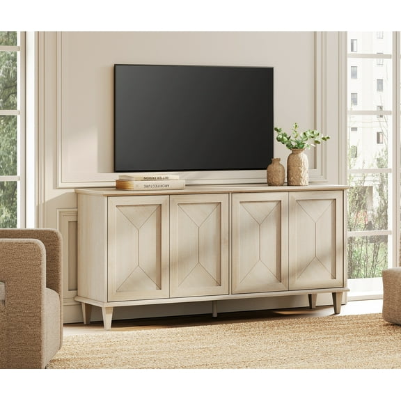 WAMPAT Handcrafted Patchwork Console Table for 55-75 inch TVs,65-inch Modern Farmhouse TV Stand Entertainment Center with Cable Management & Adjustable Storage Shelves, Light Oak