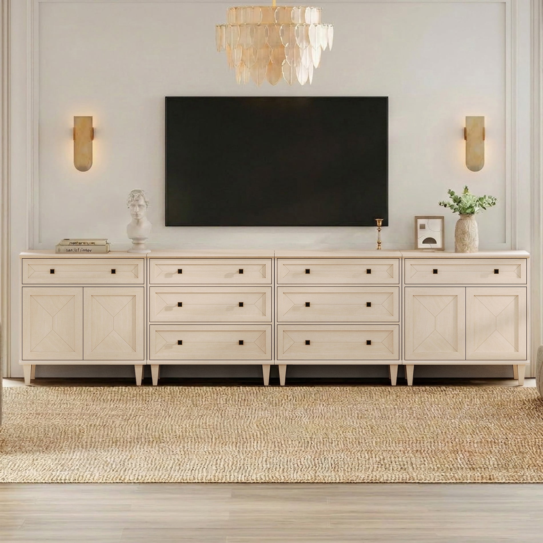 WAMPAT Handmade Patchwork 126" TV Stand with Storage, Fits up to 130" TV, Beige