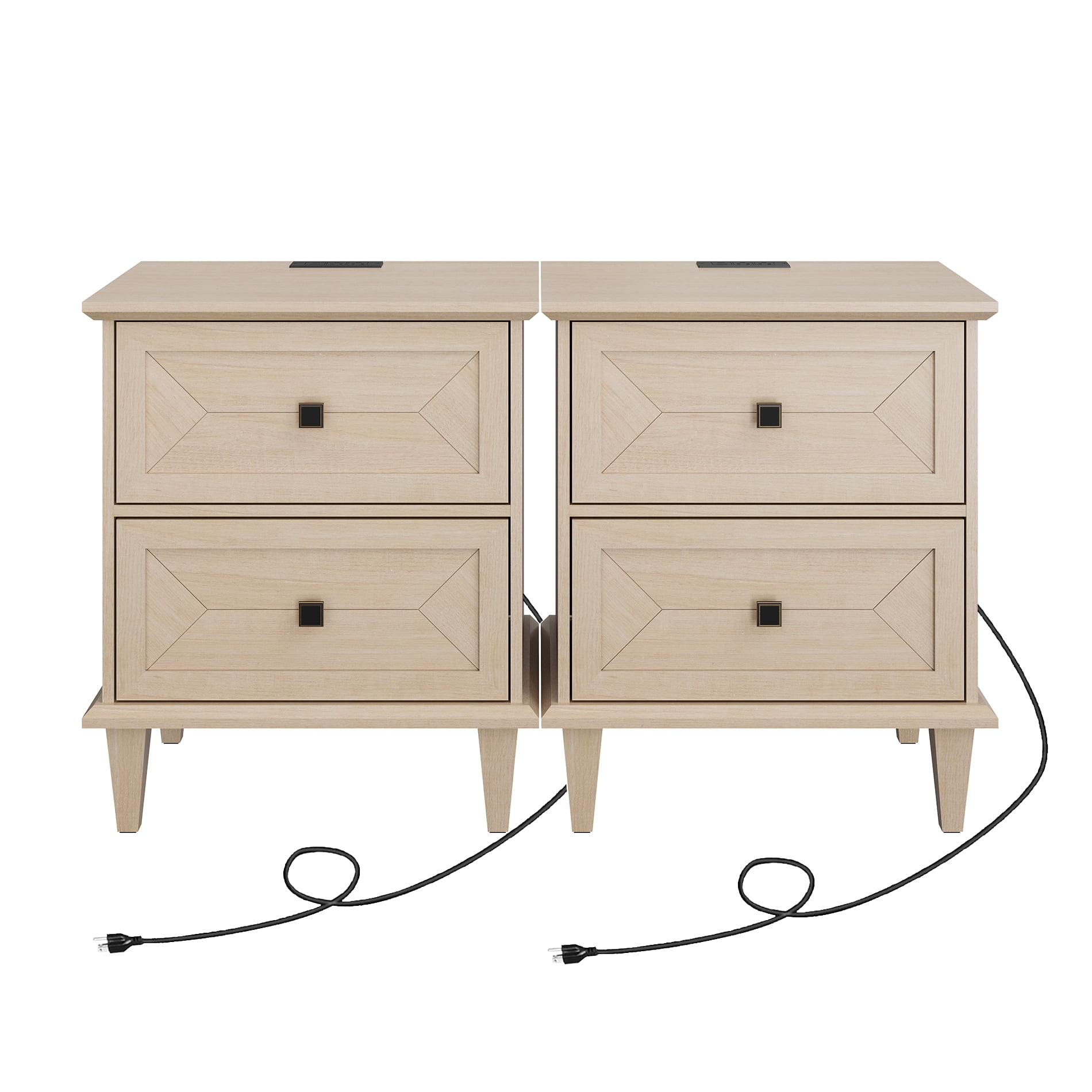 WAMPAT Handmade Patchwork 2-Drawer Nightstand Set of 2 with Charging, Beige