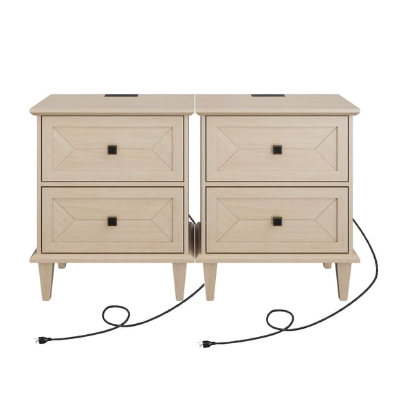 WAMPAT Handmade Patchwork 2-Drawer Nightstand Set of 2 with Charging, Beige