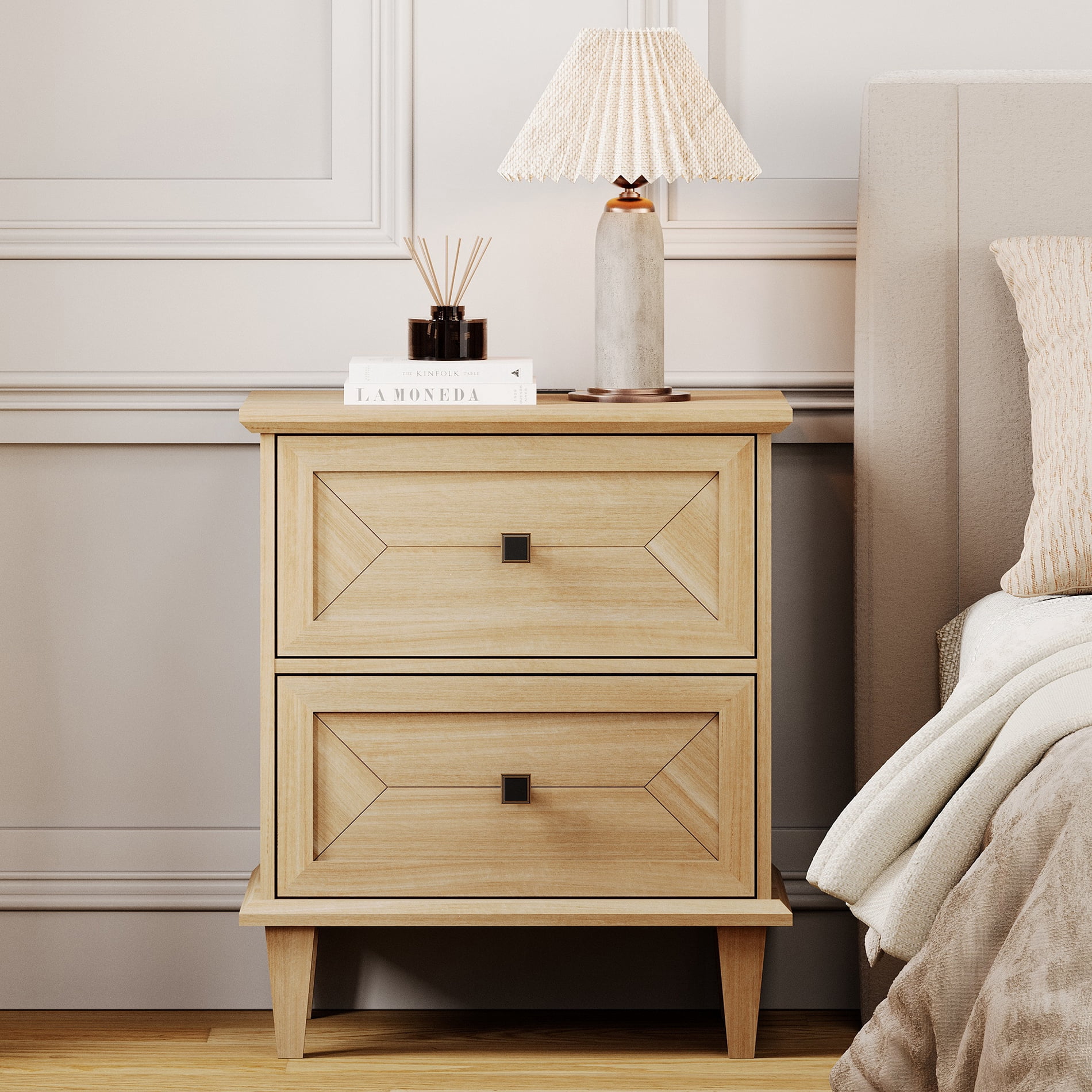 WAMPAT Handmade Patchwork 2-Drawer Nightstand with Charging Station, Oak