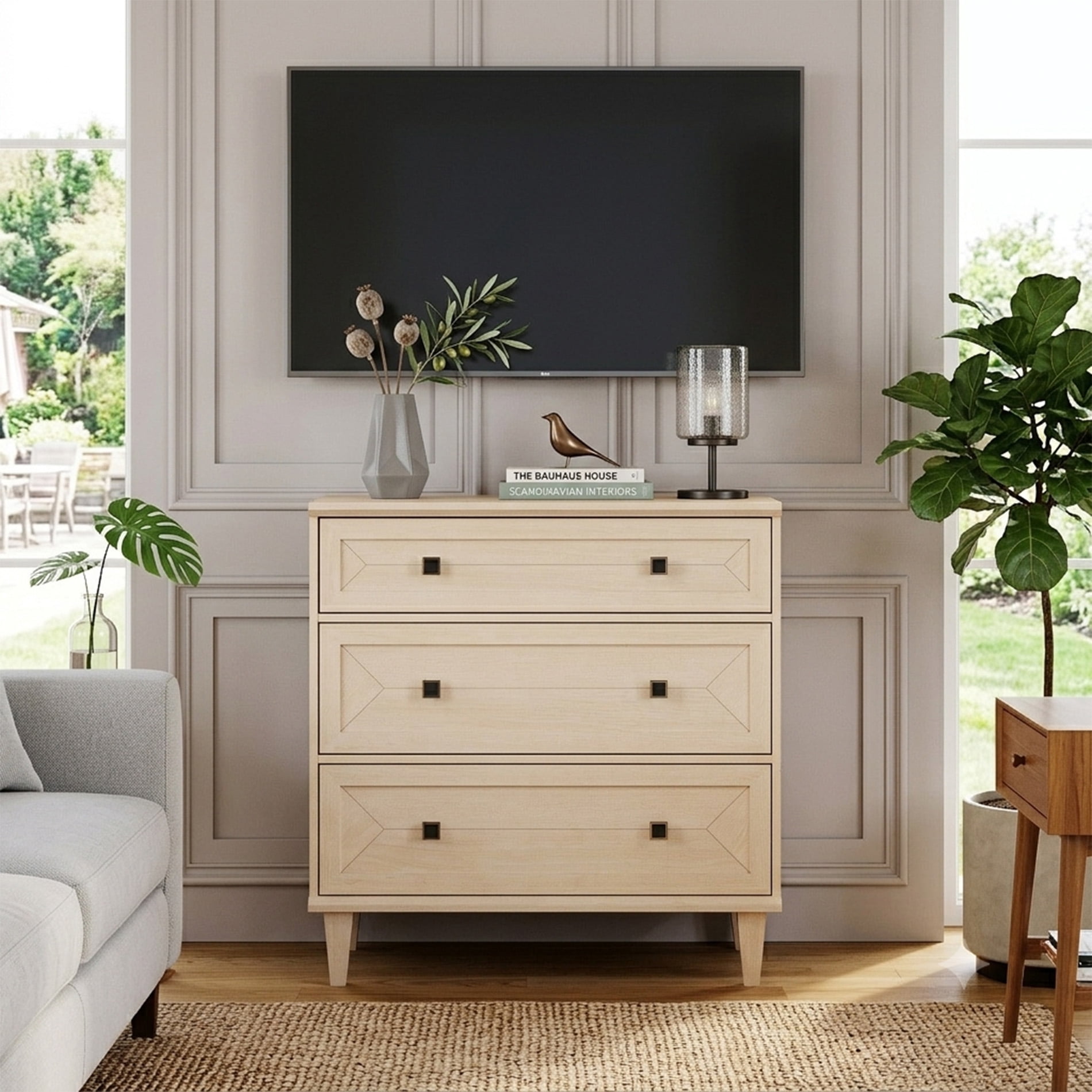 WAMPAT Handmade Patchwork 31.5" TV Stand with 3 Drawers, Fits up to 36" TV, Beige
