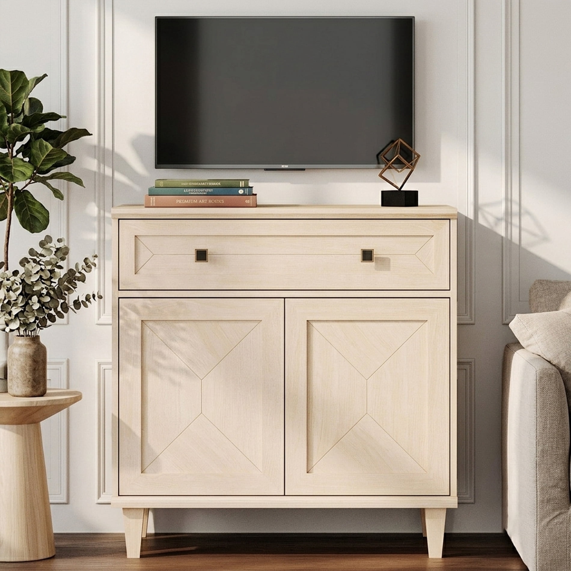 WAMPAT Handmade Patchwork 31.5" TV Stand with Cabinet, Fits up to 36" TV, Beige