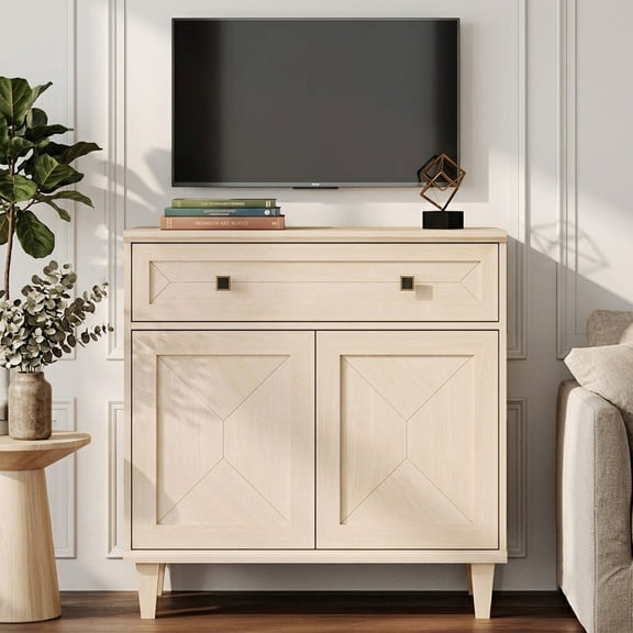 WAMPAT Handmade Patchwork 31.5" TV Stand with Cabinet, Fits up to 36" TV, Beige