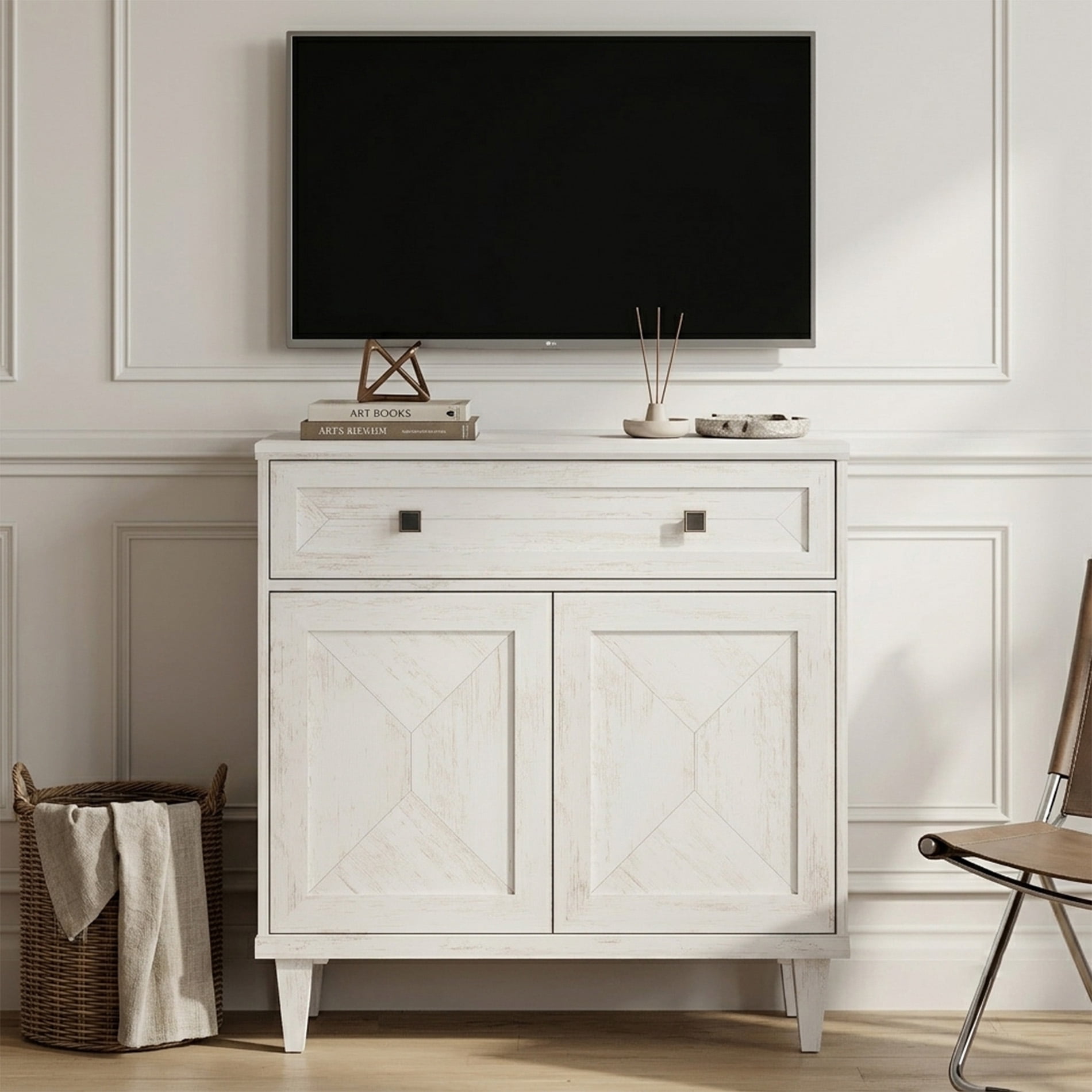 WAMPAT Handmade Patchwork 31.5" TV Stand with Cabinet, Fits up to 36" TV, White