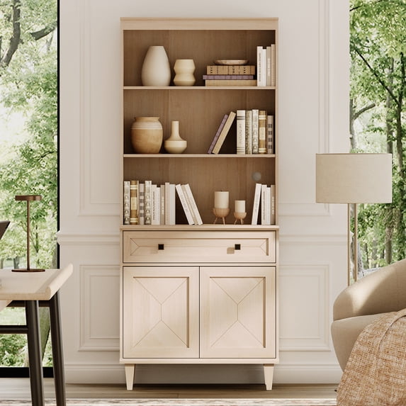 WAMPAT Handmade Patchwork 31.5" Wide Tall Bookshelf with Cabinet, Beige