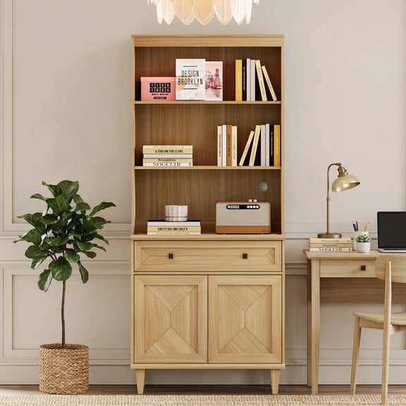 WAMPAT Handmade Patchwork 31.5" Wide Tall Bookshelf with Cabinet, Oak