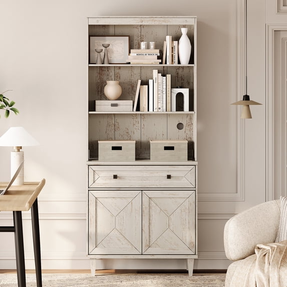 WAMPAT Handmade Patchwork 31.5" Wide Tall Bookshelf with Cabinet, White