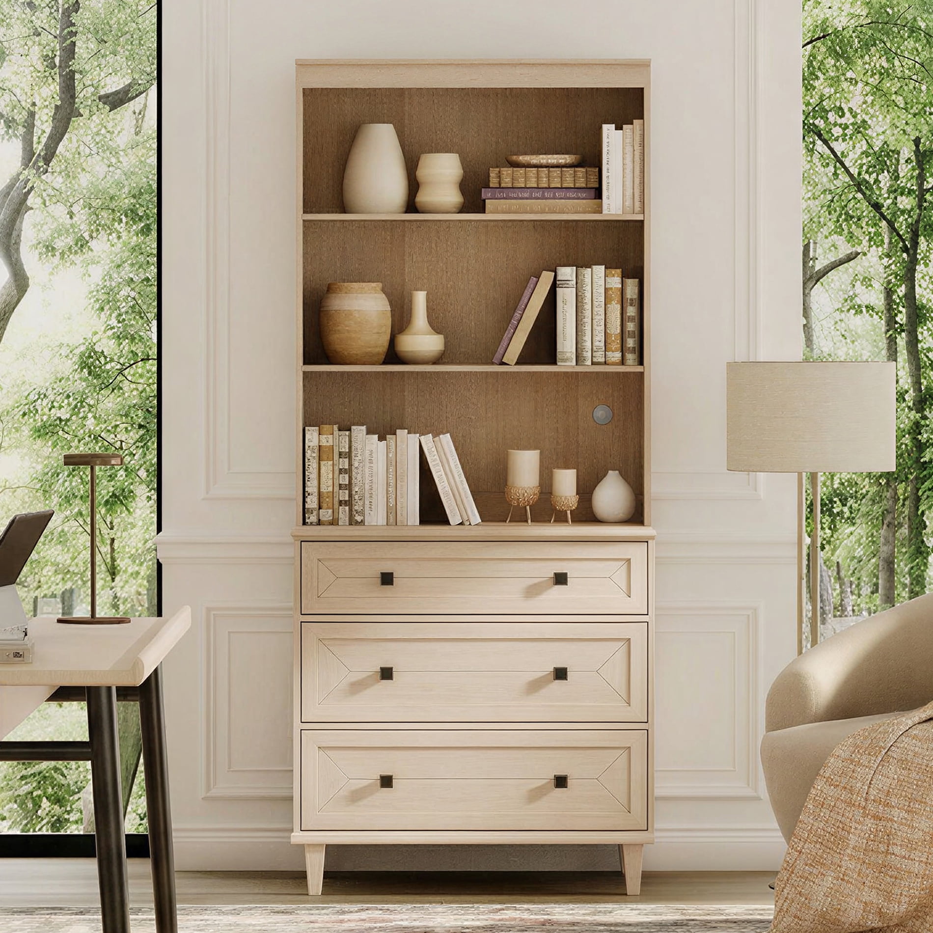 WAMPAT Handmade Patchwork 31.5" Wide Tall Bookshelf with Drawers, Beige