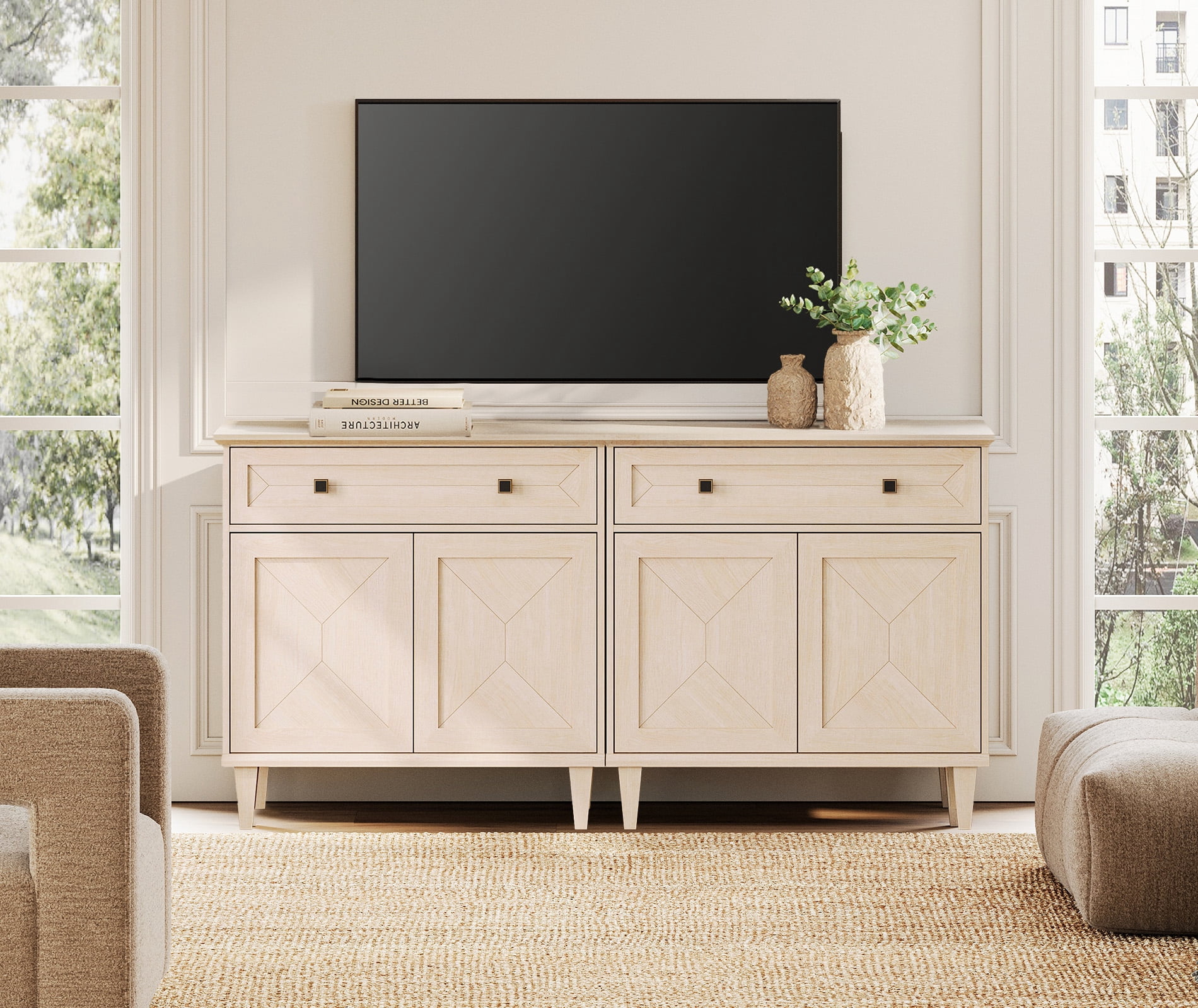 WAMPAT Handmade Patchwork 63" TV Stand with Cabinet, Fits up to 70" TV, Beige