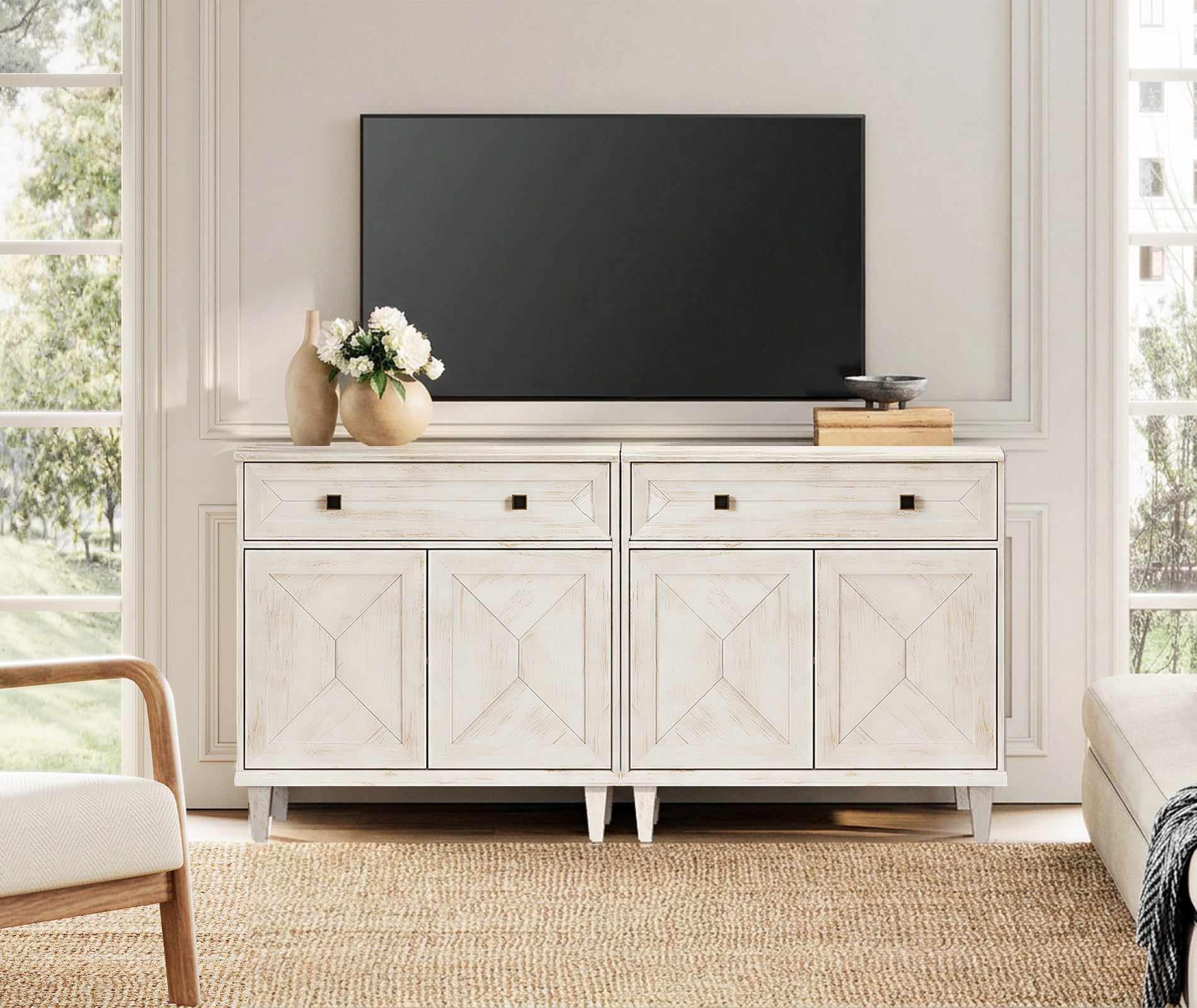 WAMPAT Handmade Patchwork 63" TV Stand with Cabinet, Fits up to 70" TV, White