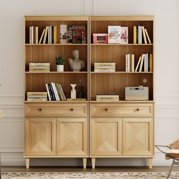 WAMPAT Handmade Patchwork 63" Wide Tall Bookshelf with Cabinets, Oak
