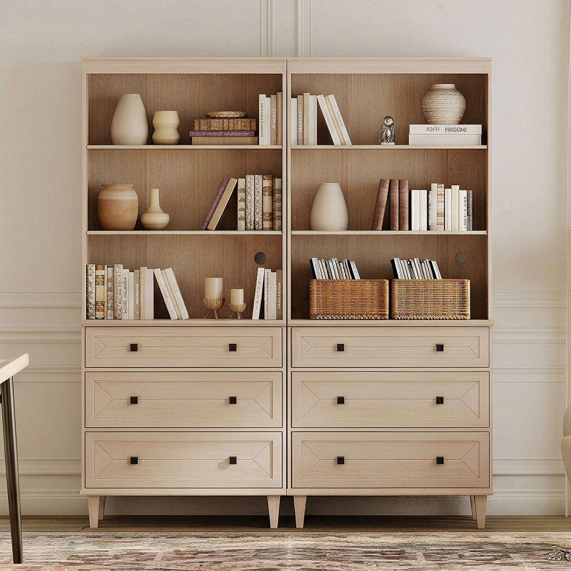 WAMPAT Handmade Patchwork 63" Wide Tall Bookshelf with Drawers, Beige