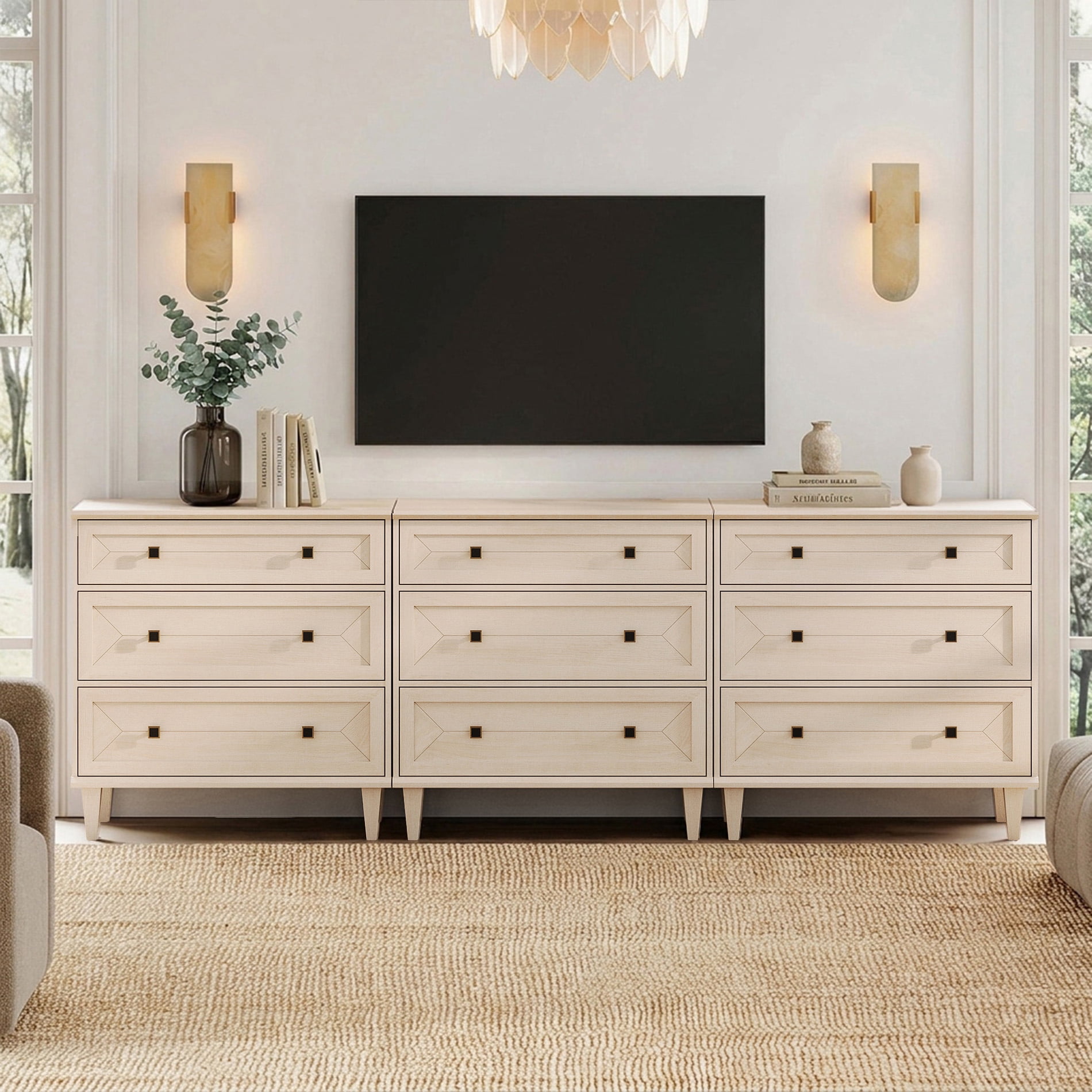 WAMPAT Handmade Patchwork 94.5" TV Stand with 9 Drawers, Fits up to 100" TV, Beige