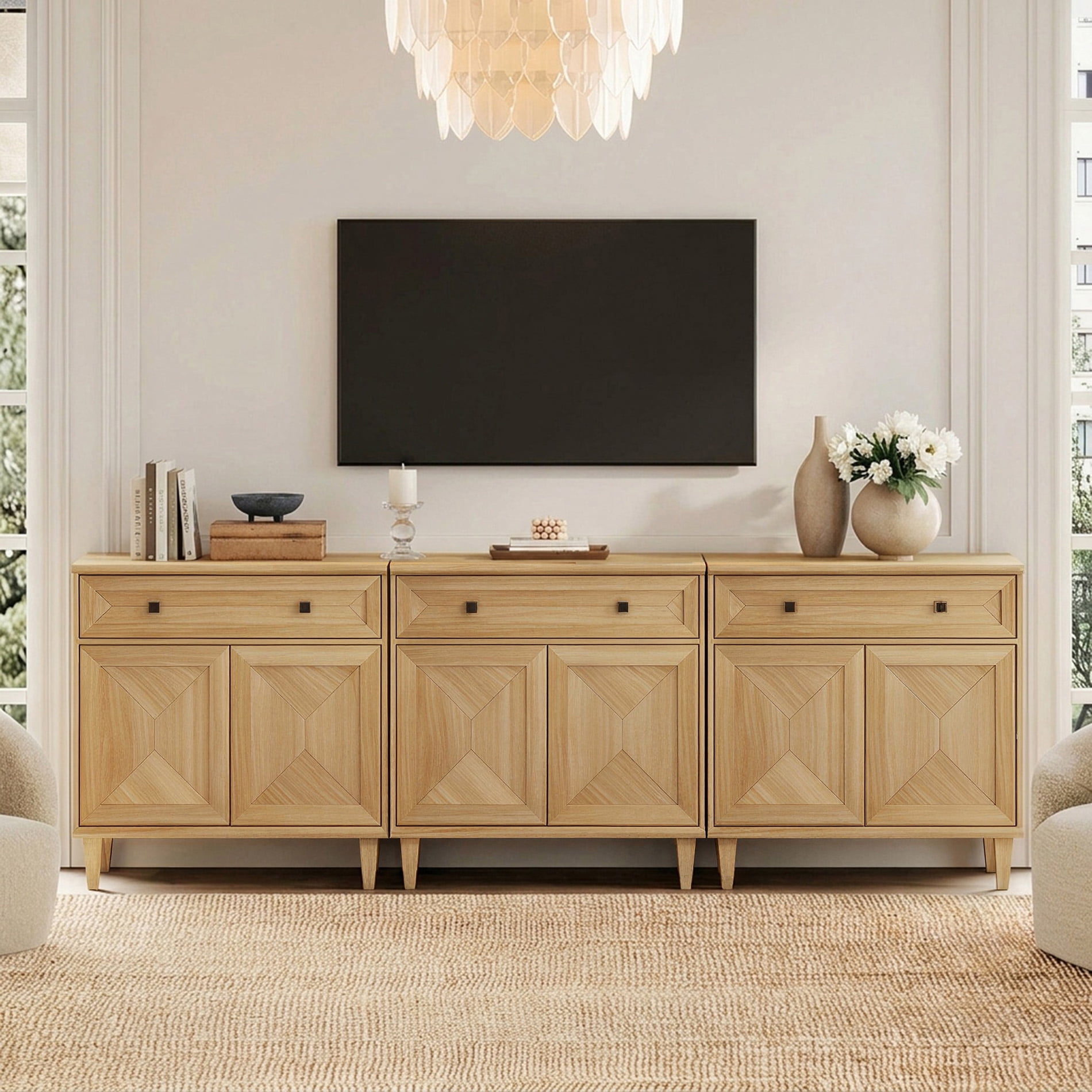 WAMPAT Handmade Patchwork 94.5" TV Stand with Cabinet, Fits up to 100" TV, Oak