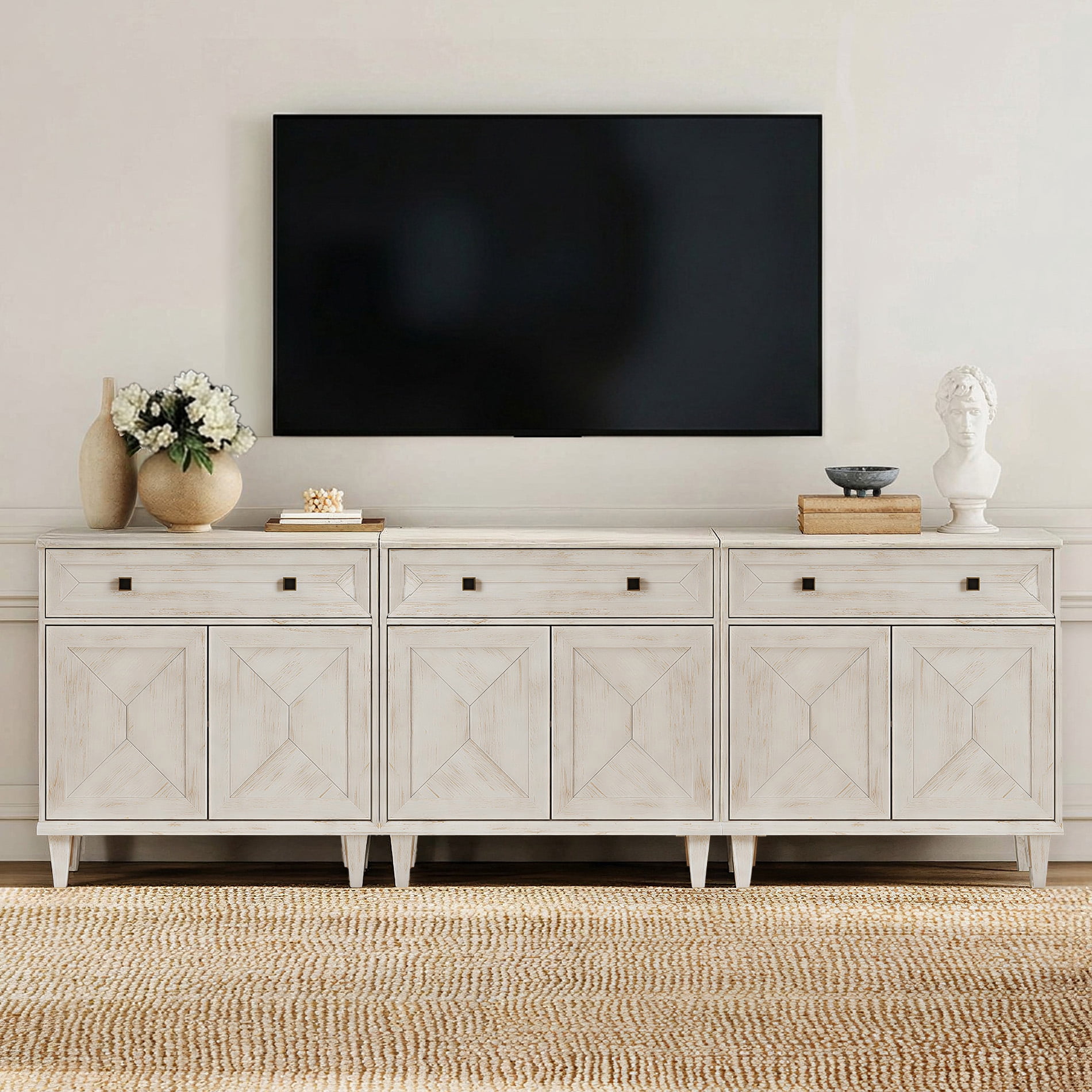 WAMPAT Handmade Patchwork 94.5" TV Stand with Cabinet, Fits up to 100" TV, White